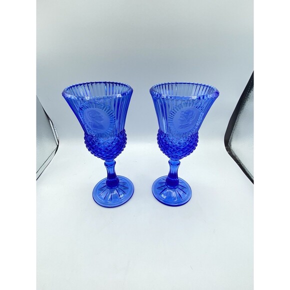 George Washington Fostoria Avon Bicentennial Wine Goblets (Set of 2) Cobalt Blue - Picture 6 of 11